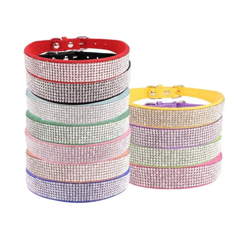 Colorful rhinestone-studded pet collars in various hues.