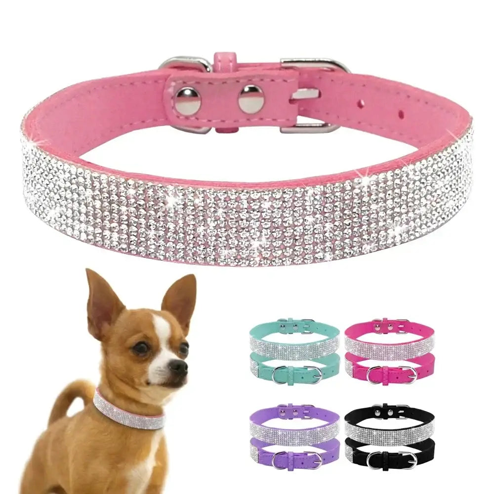 Pink leather dog collar adorned with rows of sparkling rhinestones.