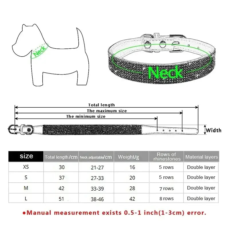 Rhinestone-studded dog collar with size chart and measurement details.