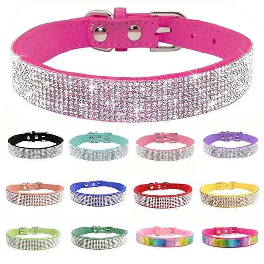 Sparkly pink dog collar with rhinestone-encrusted band and metal buckle.