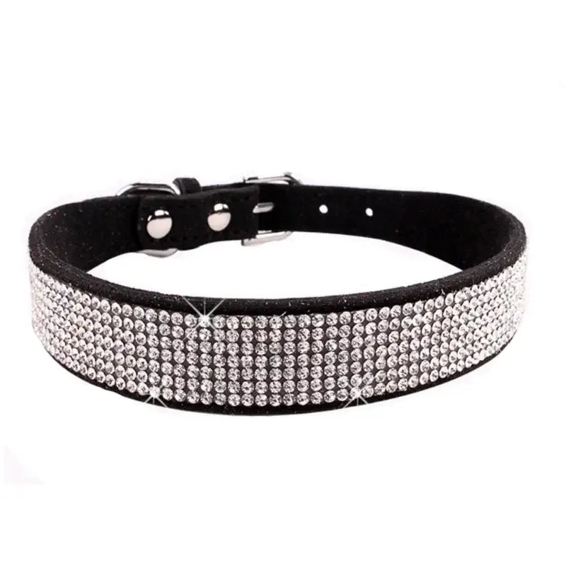 Sparkly rhinestone-encrusted black leather dog collar with a buckle.