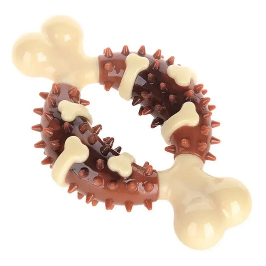 Dog chew toy shaped like a ring with bone-like protrusions and spikes.