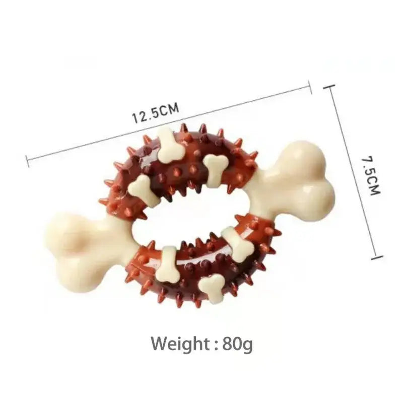 Dog chew toy shaped like a spiky ring with bone ends.