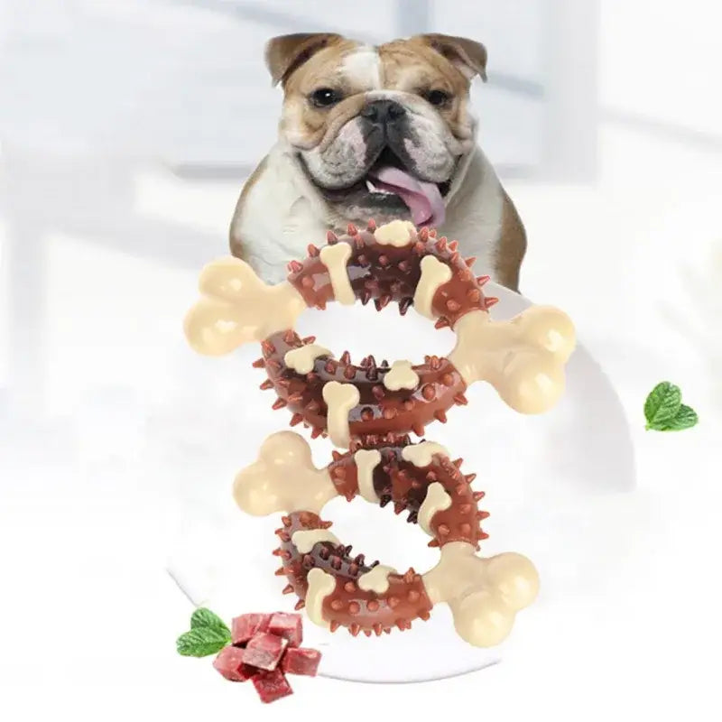 English Bulldog looking at a tower of dog treats and bones.