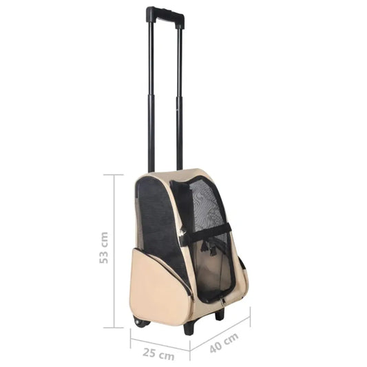 Rolling pet carrier with beige and black fabric panels and an extendable handle.