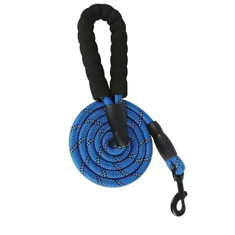 Blue and black braided dog leash with a padded handle and clip.