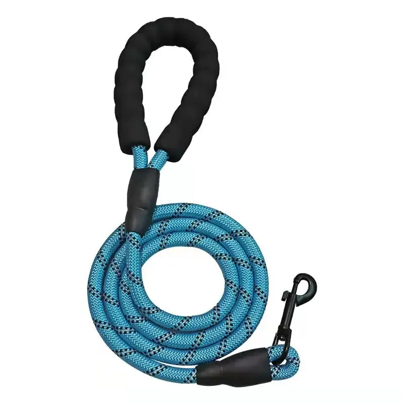 Blue and black rope dog leash with a padded handle and clip attachment.