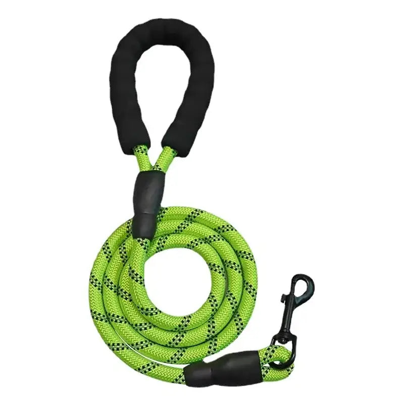 Bright green rope dog leash with black handle and clip.