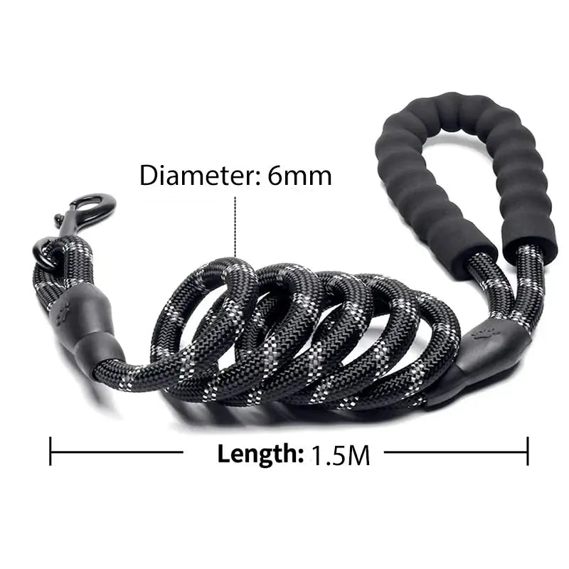 Coiled black rope or cord with a padded handle and metal clasp.