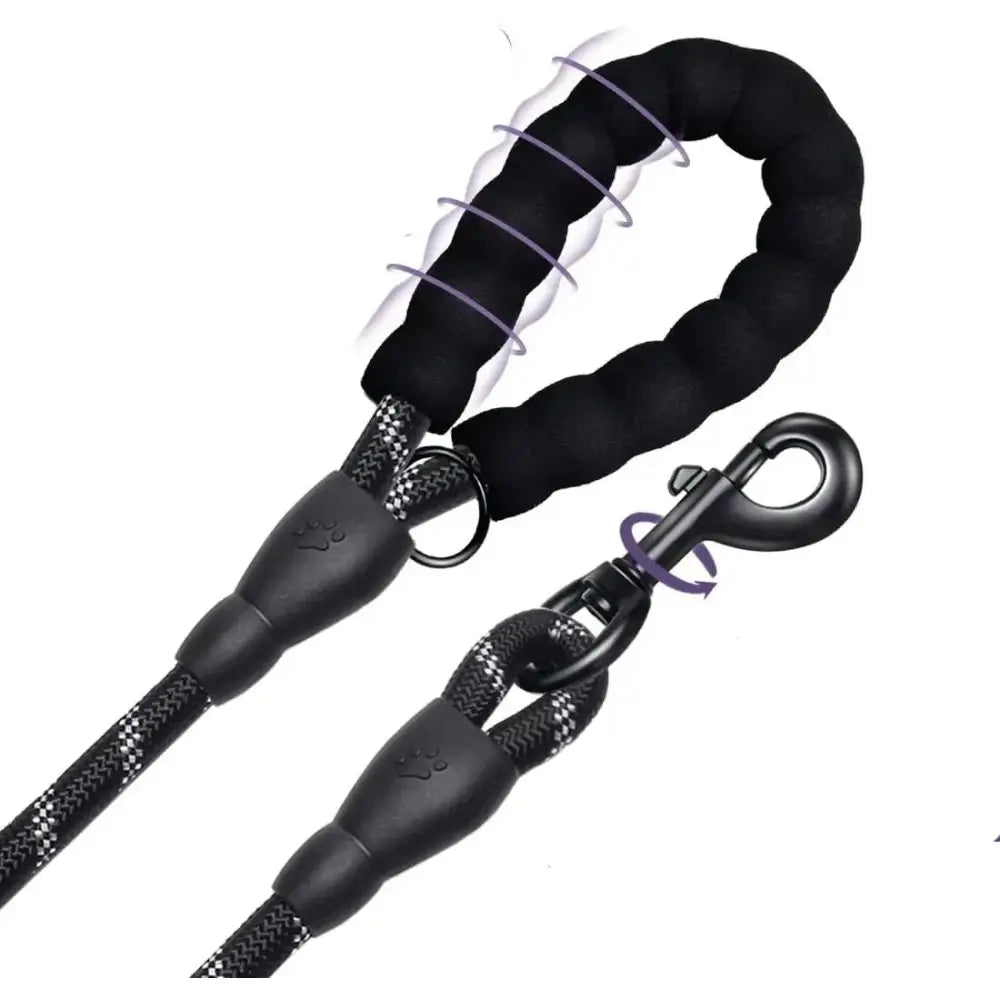 Dog leash with a padded handle and metal hardware.