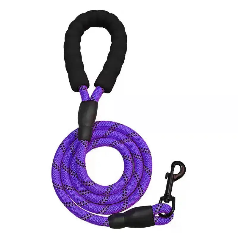 Purple rope dog leash with a padded handle and clip attachment.