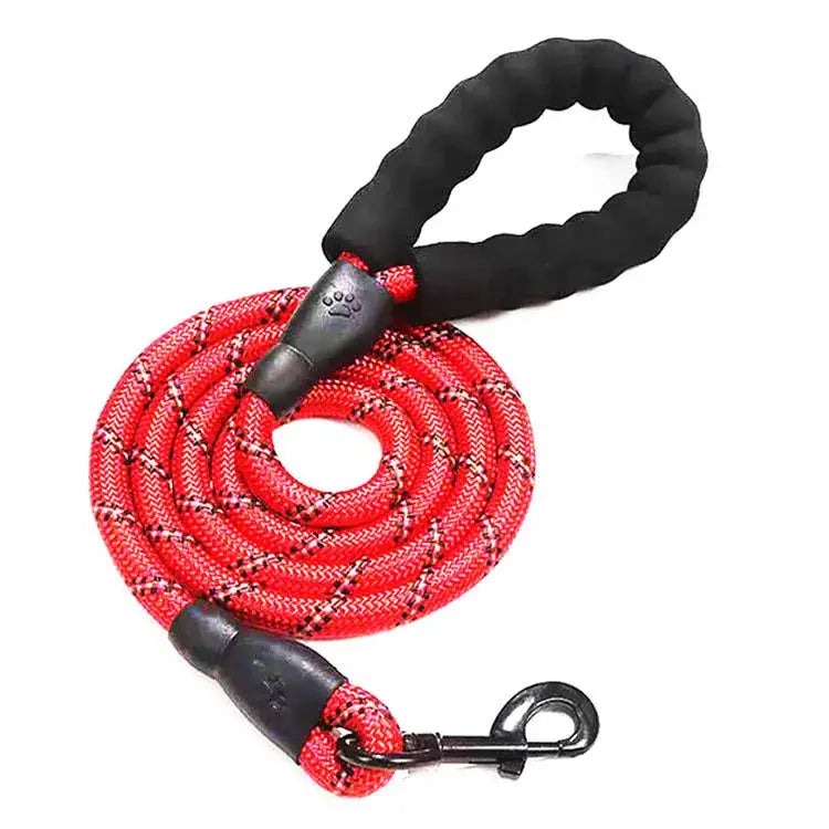 Red and black braided dog leash with a padded handle and metal clip.