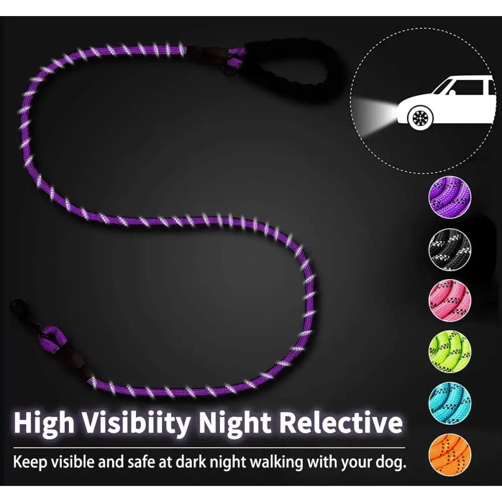 Reflective purple and black dog leash with a car icon indicating nighttime visibility.