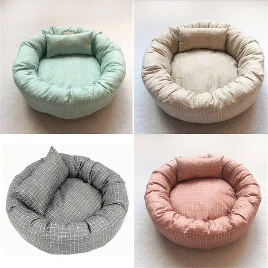 Circular pet beds in pastel colors and patterns.