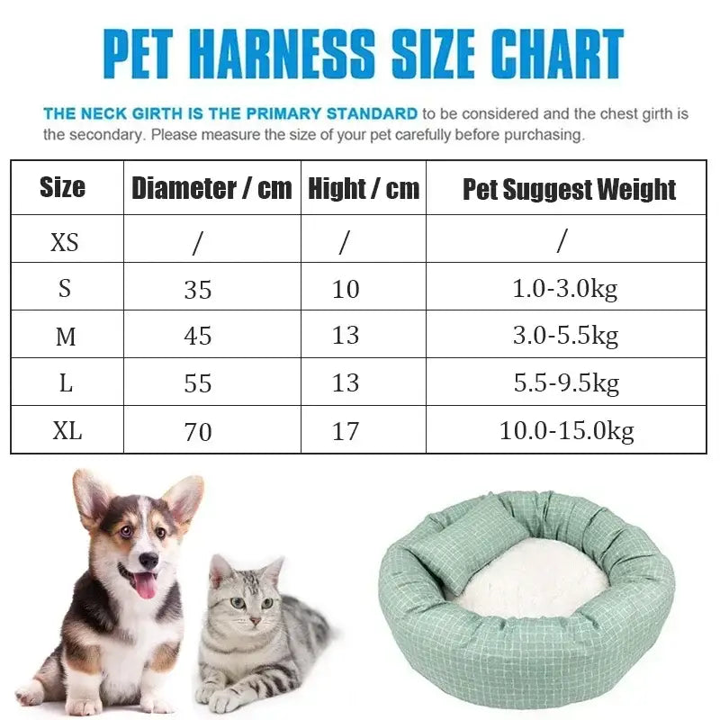 Pet harness size chart showing different sizes and corresponding measurements for pets.