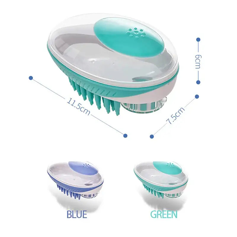 Oval-shaped pet grooming brush with bristles and a removable lid in turquoise and white colors.