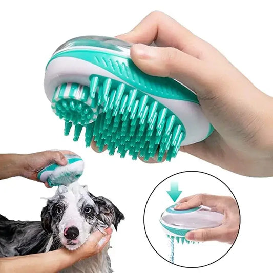 Pet grooming brush with soft silicone bristles and a water reservoir for washing and massaging animals.