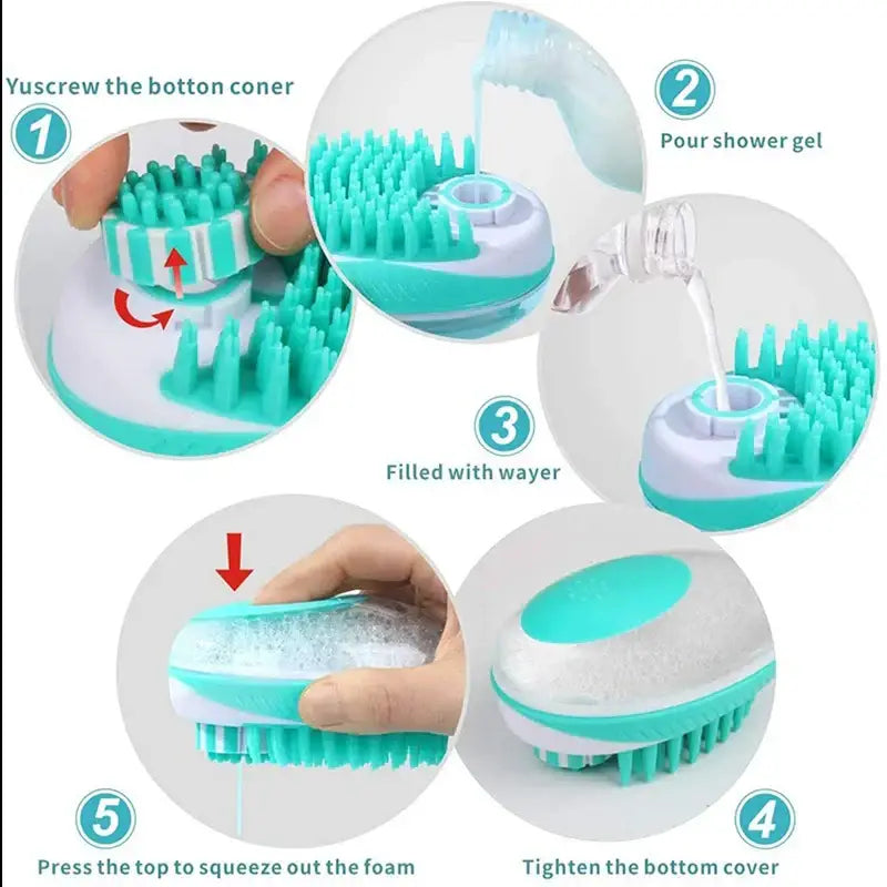 Turquoise and white circular brush or massager with soft bristles and a removable compartment for shower gel.