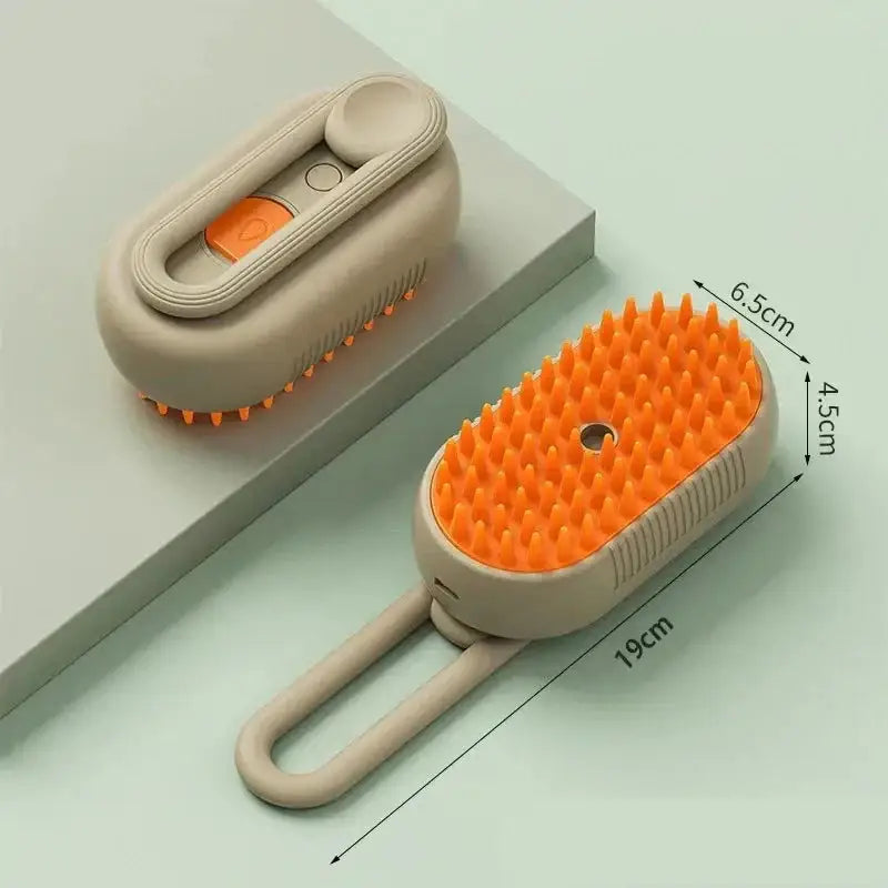 Oval-shaped pet grooming brush with orange bristles and a beige handle.