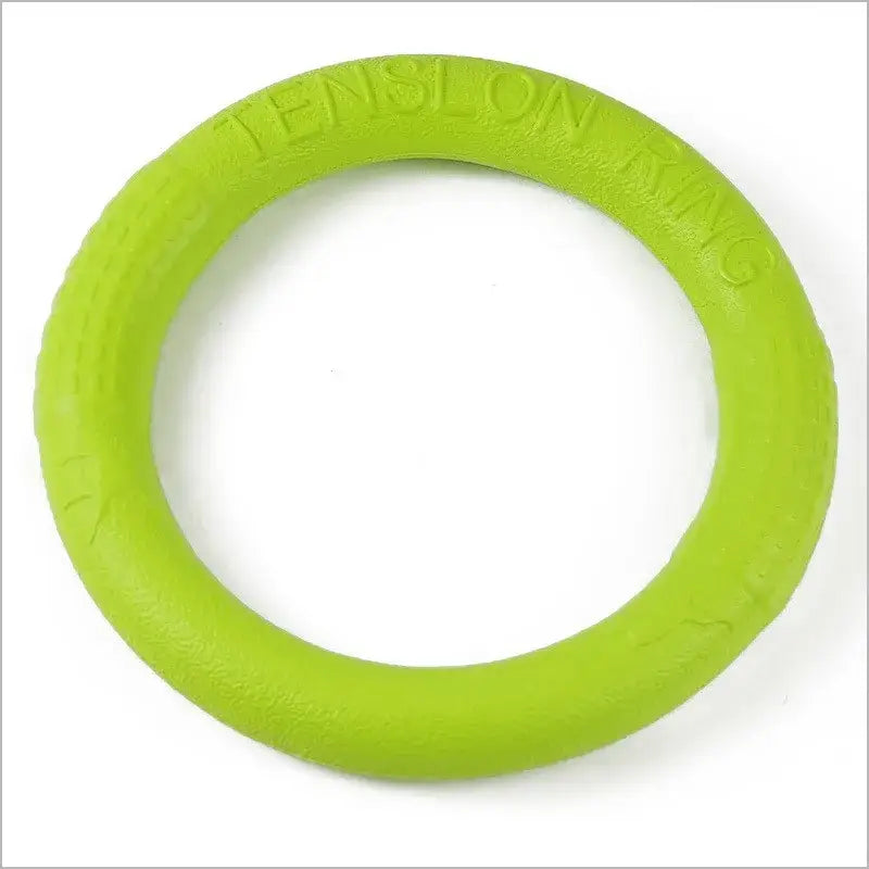 Bright green circular rubber or plastic ring toy.