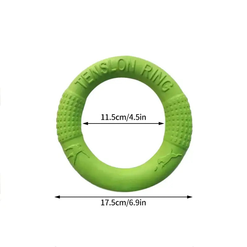 Bright green rubber ring toy for dogs with textured surface and measurements shown.