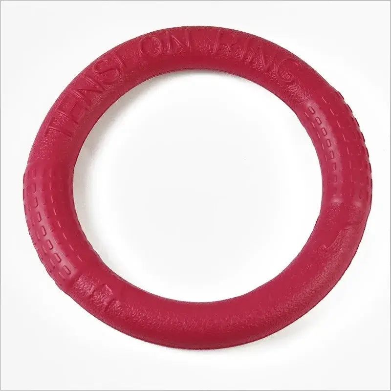 Red rubber ring toy for dogs with textured surface.