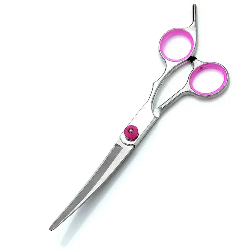 Pair of silver hair-cutting scissors with pink-lined handles.