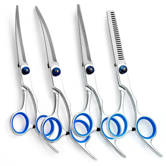 Set of professional hairdressing scissors with blue accents and finger rings.