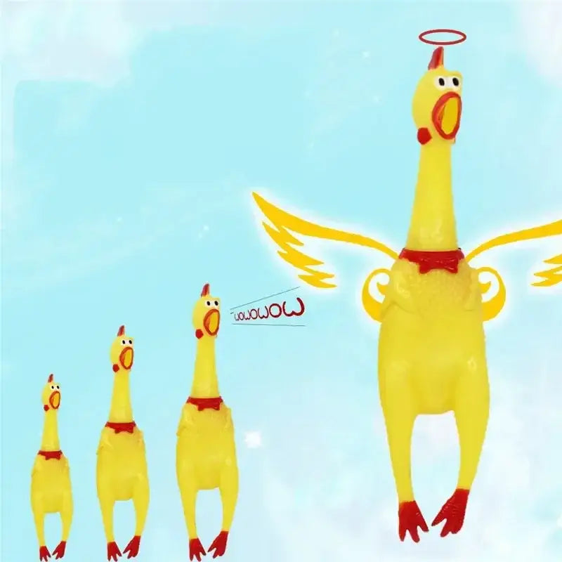 Yellow cartoon chicken with wings, red feet, and a halo floating above its head.