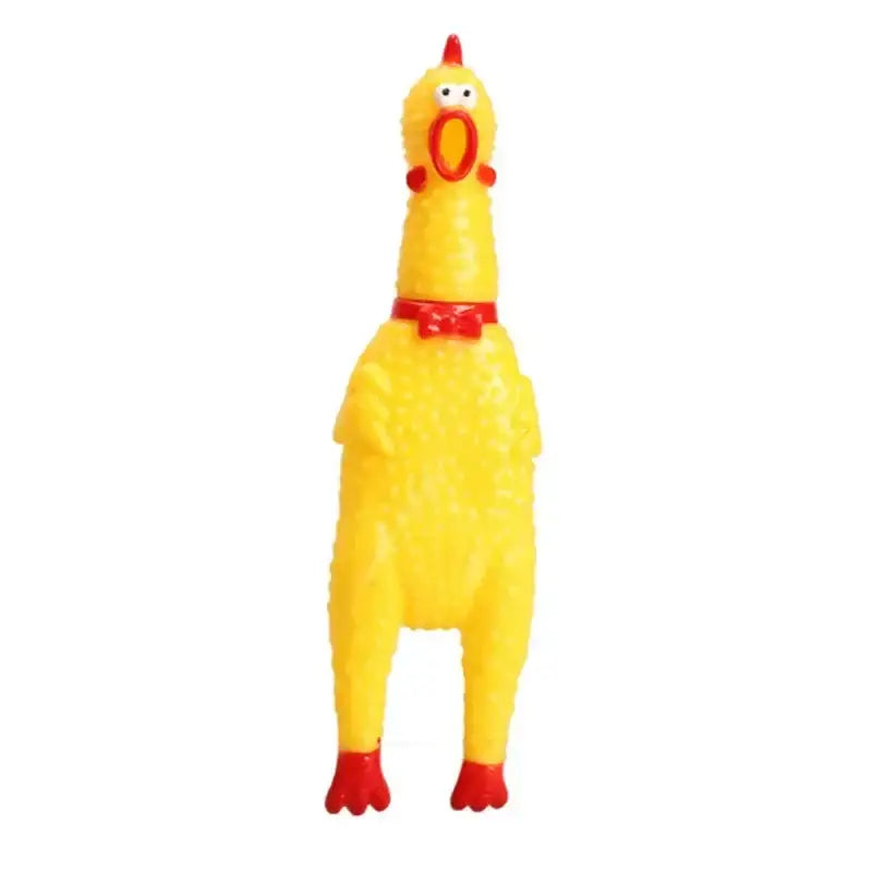 Yellow rubber chicken toy with red accents.