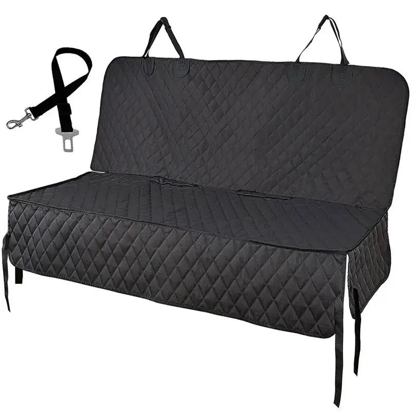 Black quilted car seat cover for the back seat with a safety belt attachment.