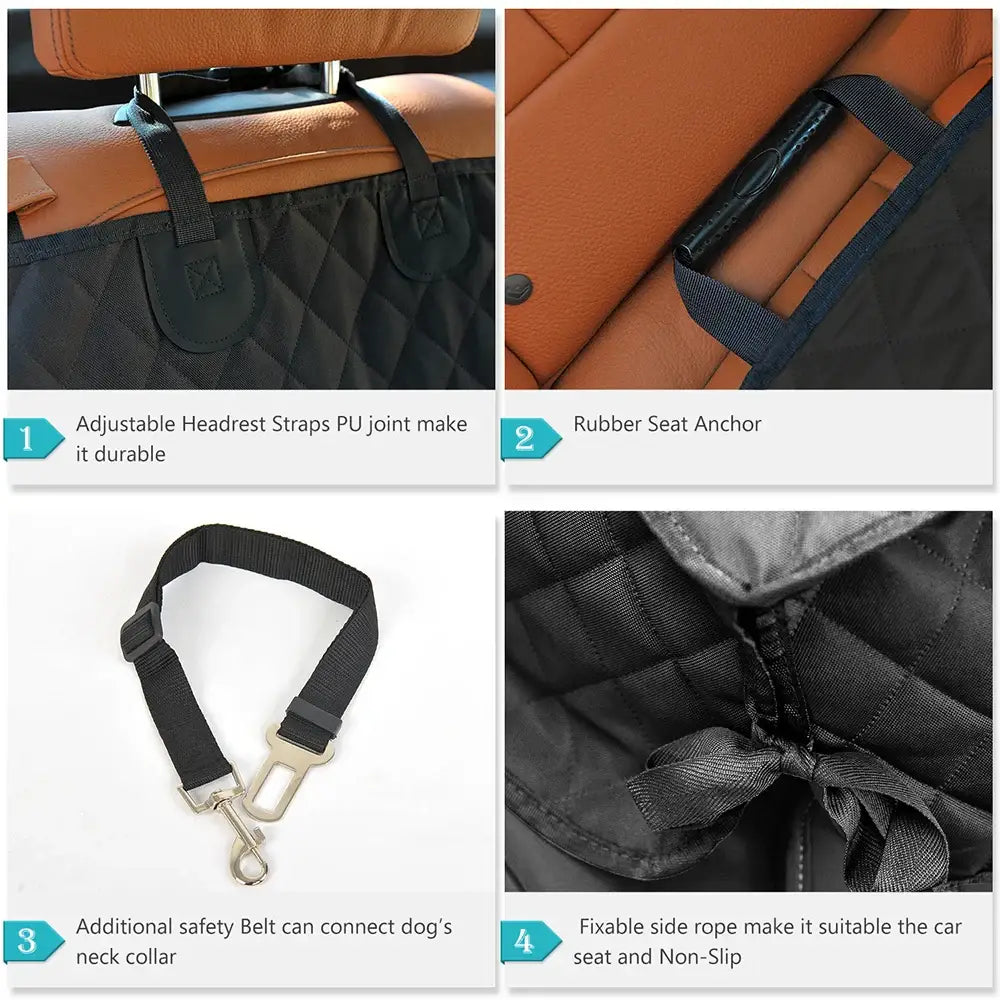 Dog car seat cover with various attachment and safety features.