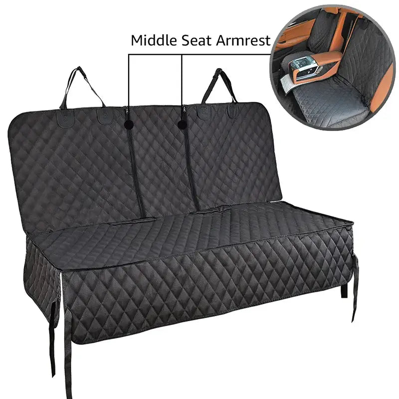 Quilted black car seat cover with a middle armrest feature.