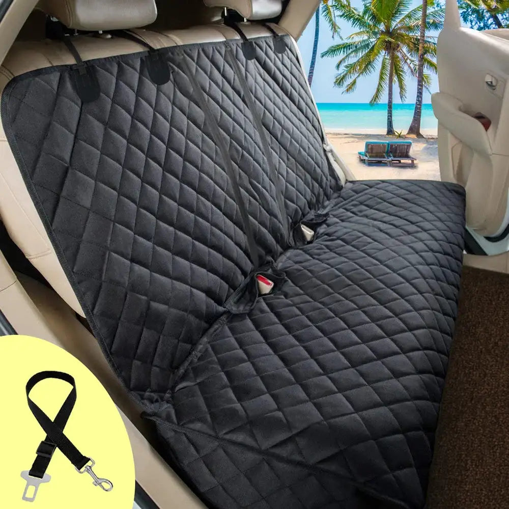 Quilted black car seat cover for the back seat with a safety belt attachment.