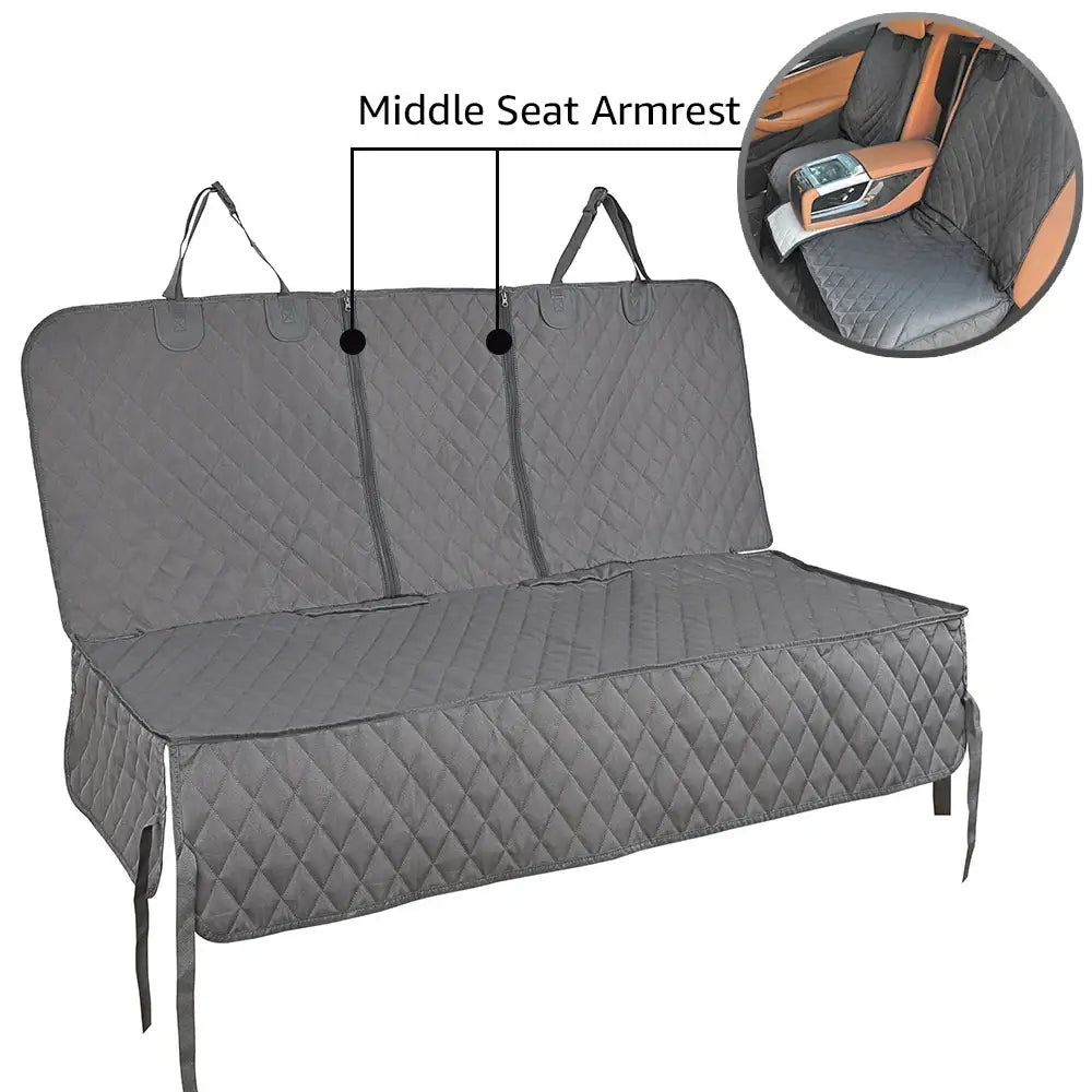 Quilted gray car seat cover with a middle armrest feature for the back seat.