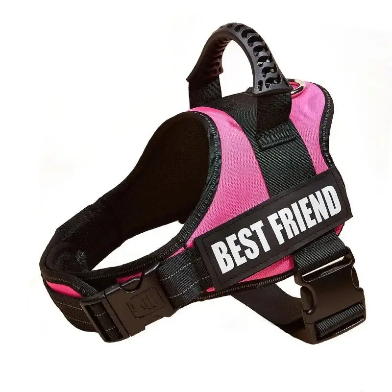 Pink and black dog harness with ’BEST FRIEND’ written on the side.