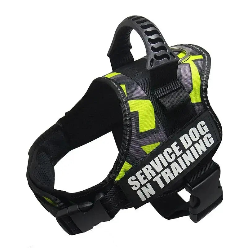 Service dog training harness with neon yellow accents and adjustable straps.