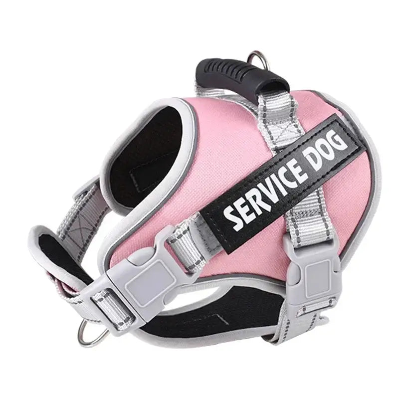 Pink service dog harness with adjustable straps and ’SERVICE DOG’ label.