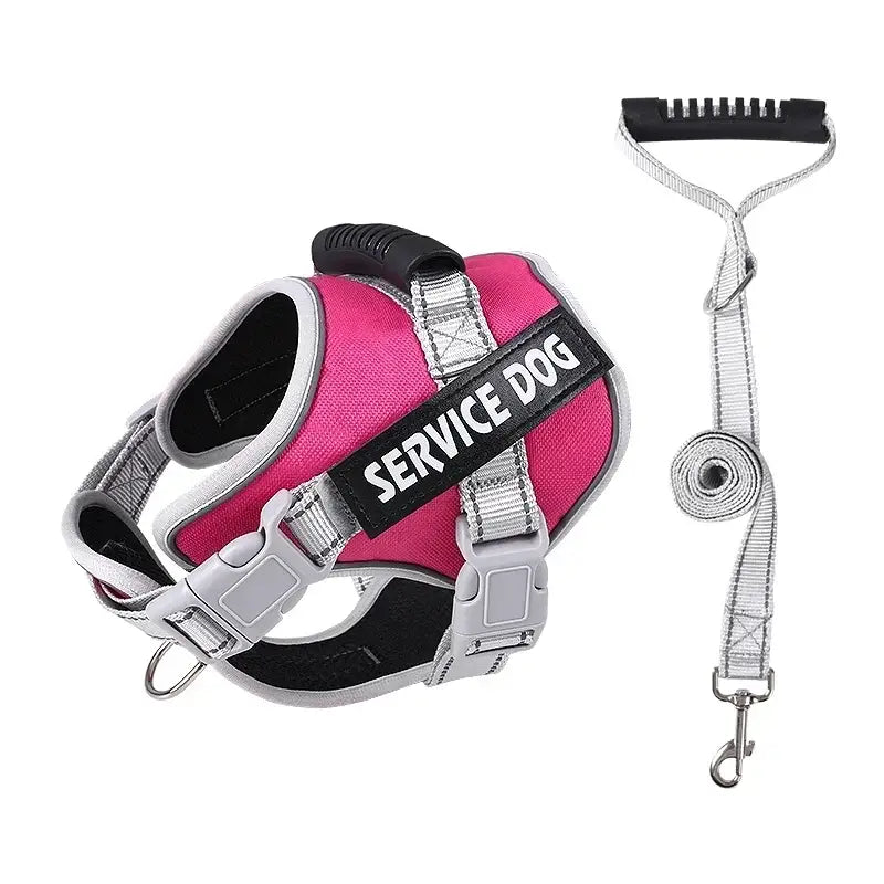 Pink and silver service dog harness with attached leash.