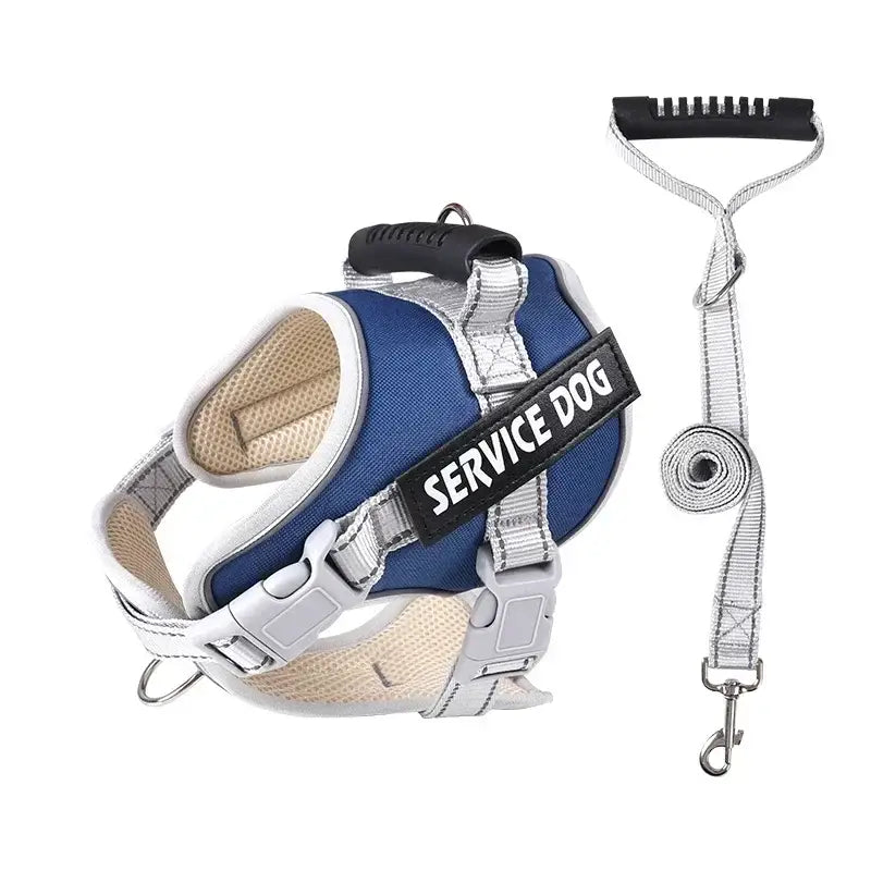 Service dog harness with attached leash and handle.