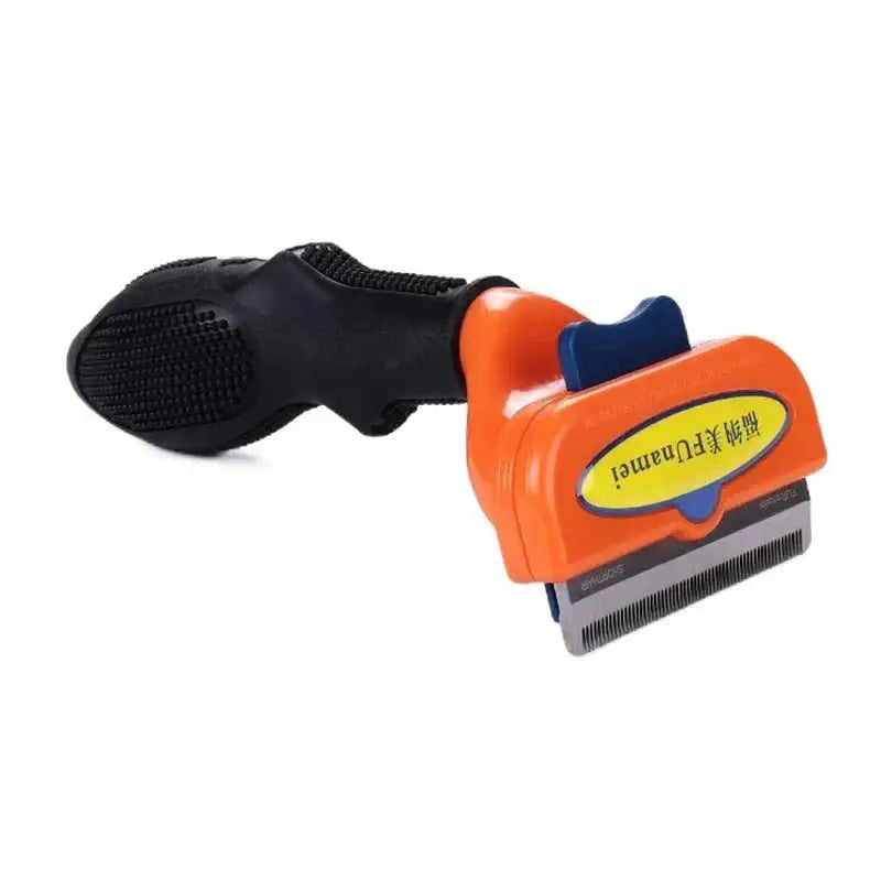 Pet grooming tool with a curved handle and metal comb attachment.