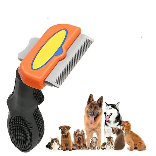 Pet grooming tool with an orange handle and metal comb attachment.