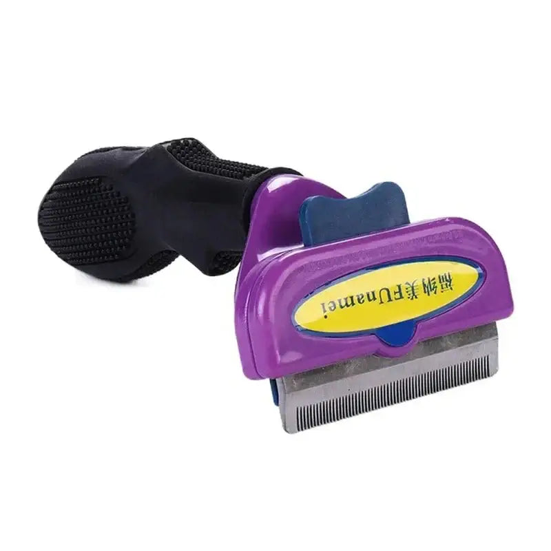 Pet grooming tool with a purple handle and metal comb attachment.