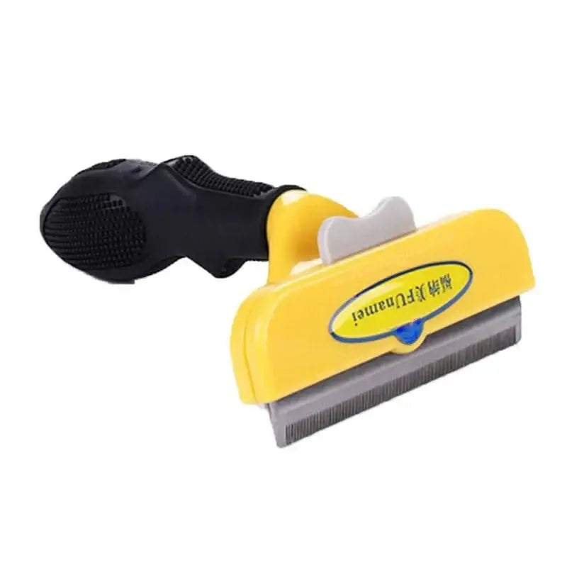 Pet grooming tool with a yellow handle and metal comb attachment.