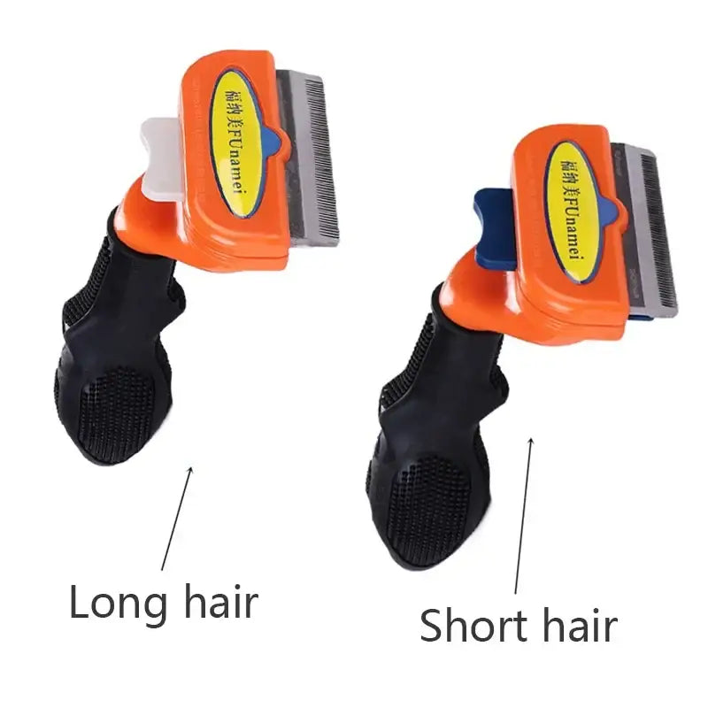 Pet grooming tools with combs for long and short hair.