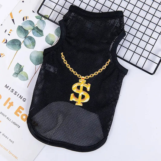 Black mesh pet vest with a gold dollar sign pendant necklace attached.