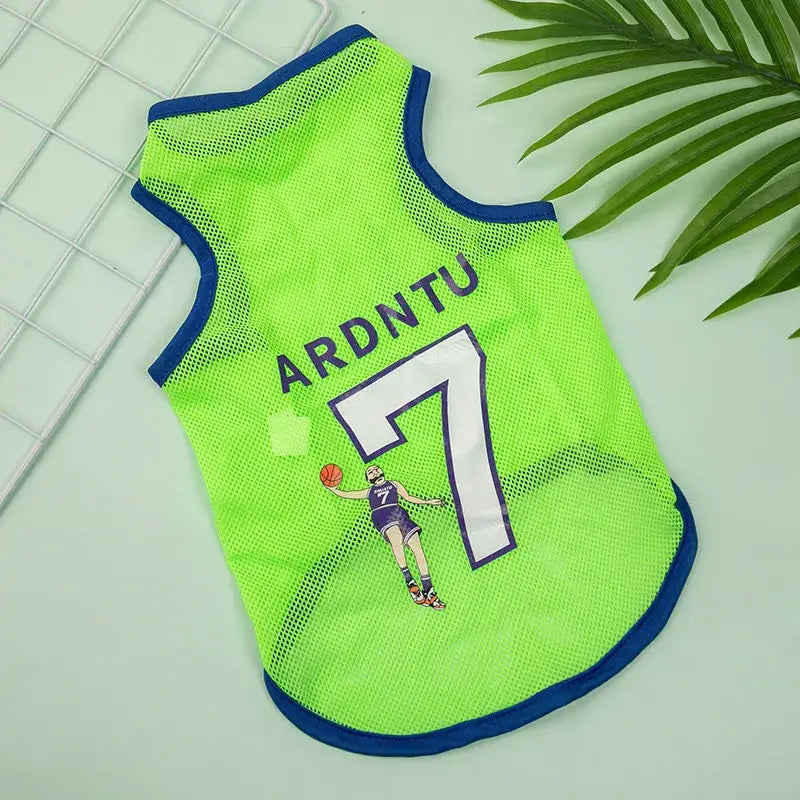 Bright neon green sports jersey or tank top with ’ARDNTU 7’’ printed on it and blue trim.