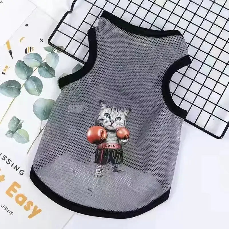 Gray pet vest with a cartoon cat boxer design on the front.