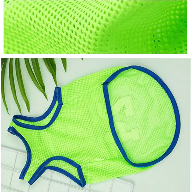 Neon green swimsuit with blue trim in a one-piece style.