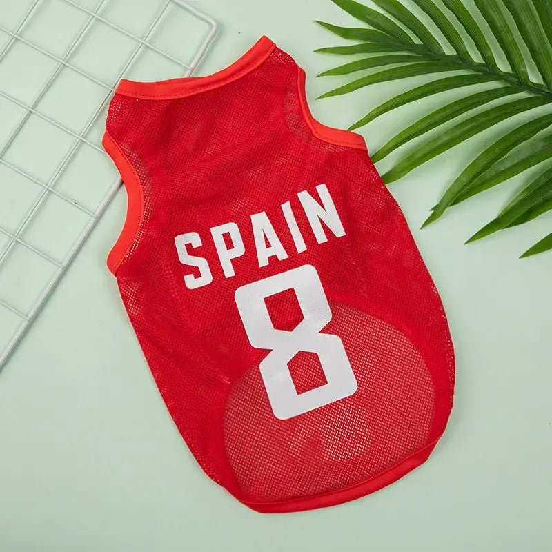 Red sleeveless jersey with ’SPAIN 8’’ printed on it.